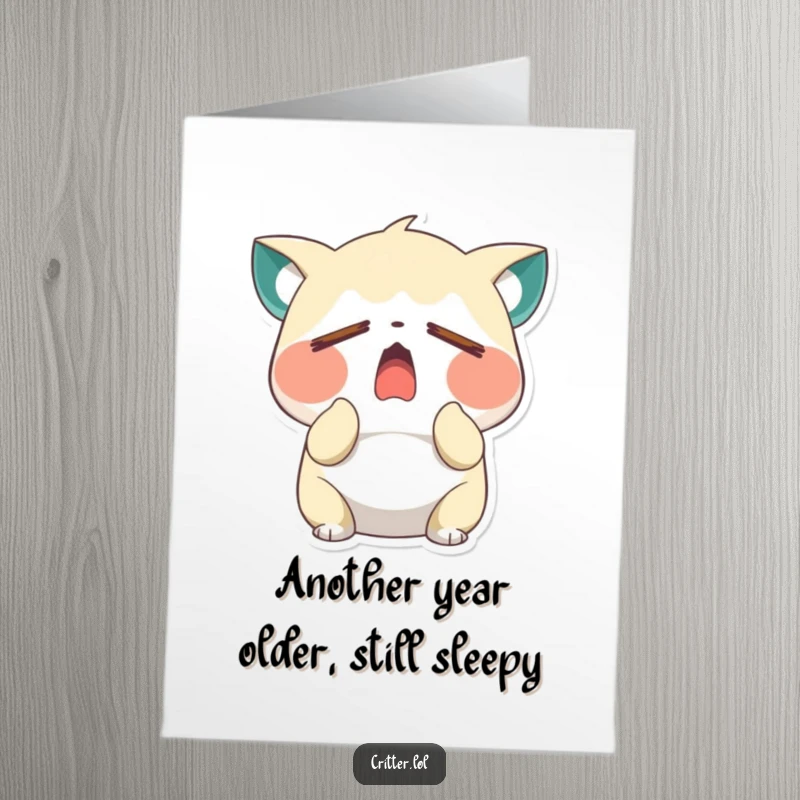 Funny Free Printable Birthday Card: Sleepy critter yawning wide with eyes closed, dreaming of cake, perfect DIY gift.