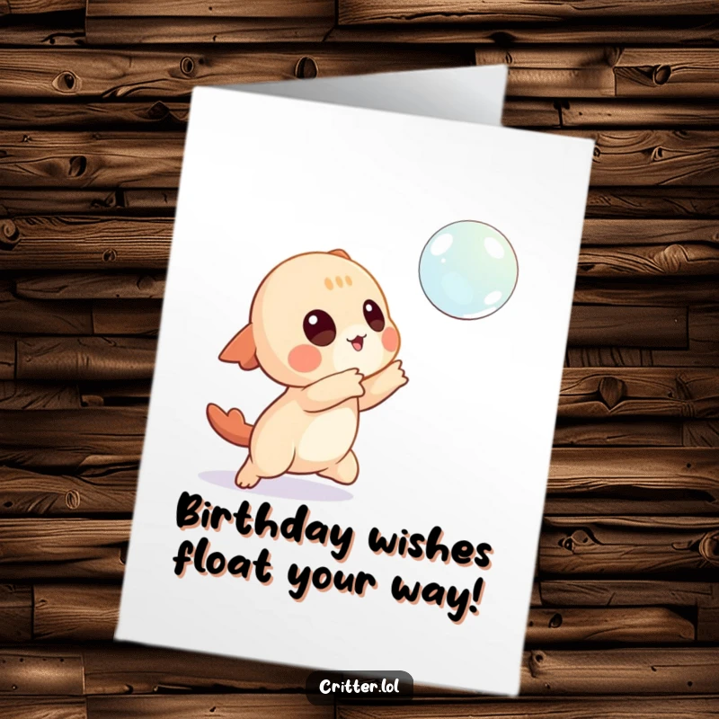 Funny free printable birthday card featuring a playful creature character reaching out to catch a delicate floating bubble.