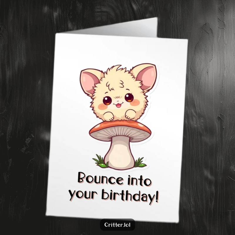 Funny Free Printable Birthday Card: Playful fuzzball with big ears bouncing on a mushroom, energetic celebration, downloadable art.