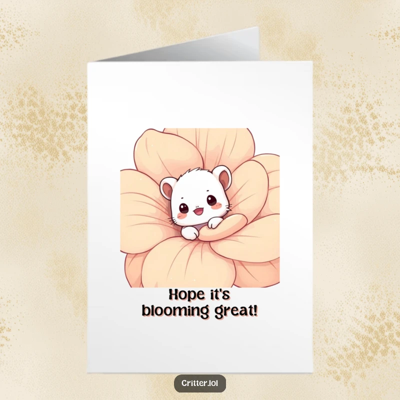 Funny Free Printable Birthday Card: A shy critter peeks out from a giant flower. Sweet, downloadable, and full of gentle humor.