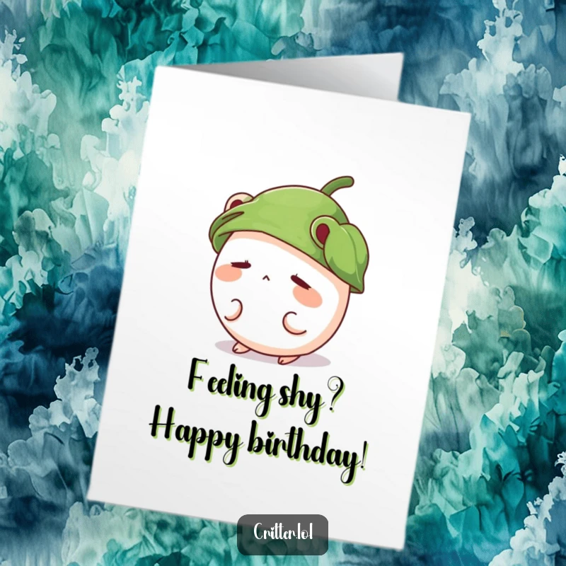 Funny Free Printable Birthday Card: Shy, round critter with leaf hat peeking out, cute surprise, downloadable greeting.