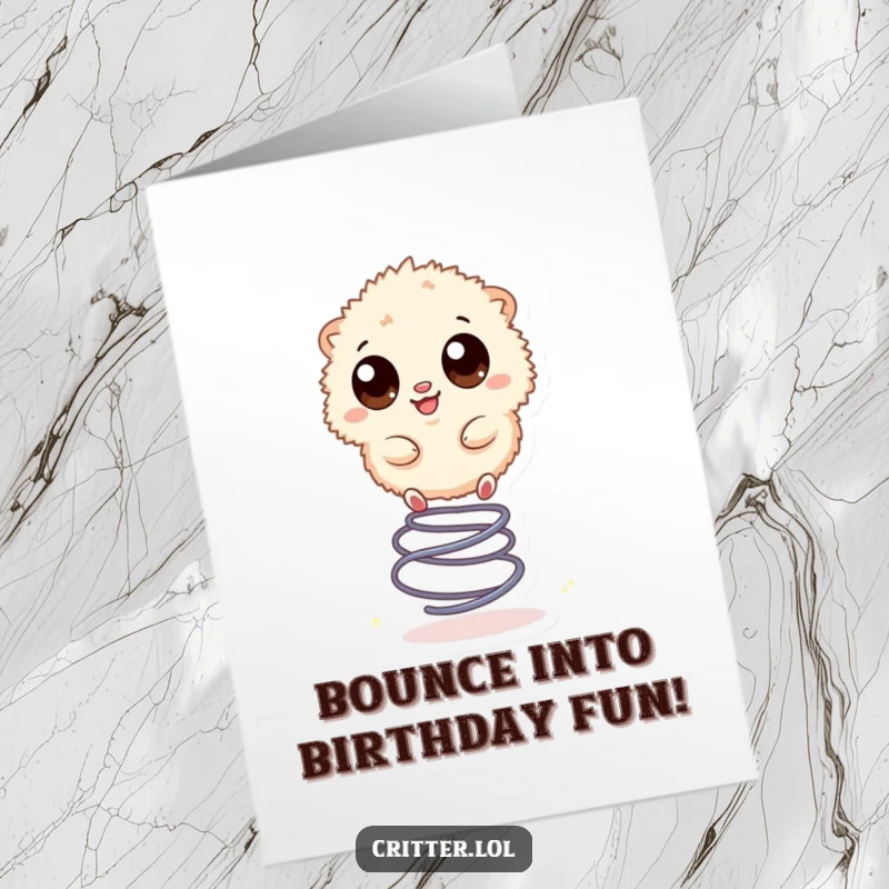 Funny Free Printable Birthday Card showing a small, fuzzy creature with large eyes happily bouncing on a spring with excitement.