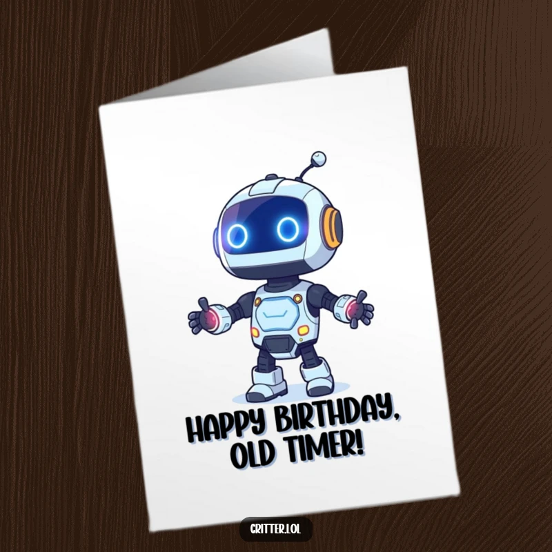 Funny Free Printable Birthday Card showing a quirky robot with blinking lights enthusiastically dancing, ready to celebrate.