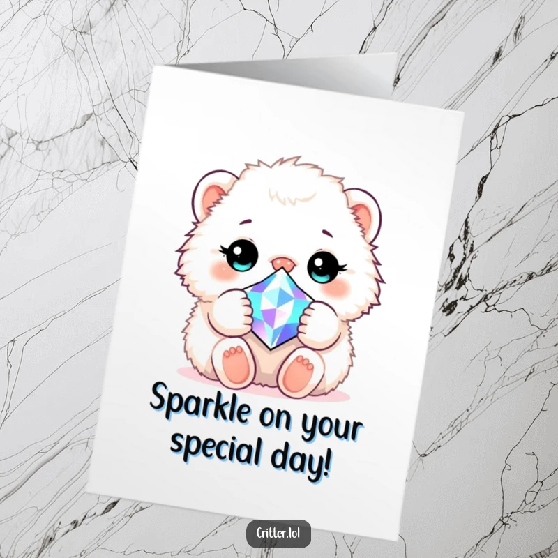 Funny Free Printable Birthday Card: Fluffy critter joyfully cuddles a giant, sparkling gem, radiating happiness.