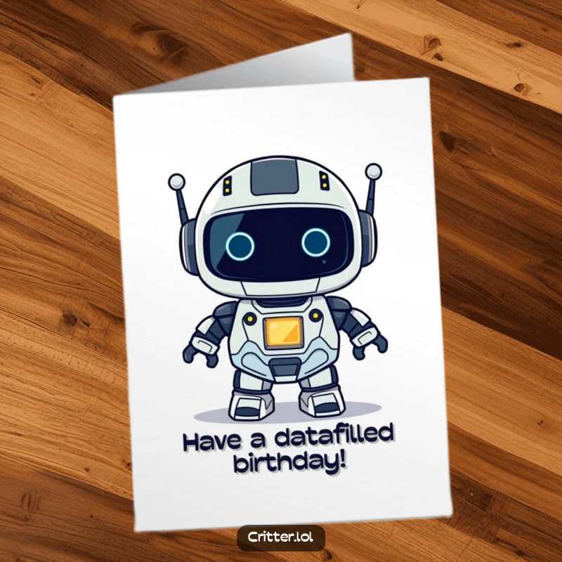 Funny Free Printable Birthday Card: A small robot character's light blinks cheerfully, conveying birthday wishes.