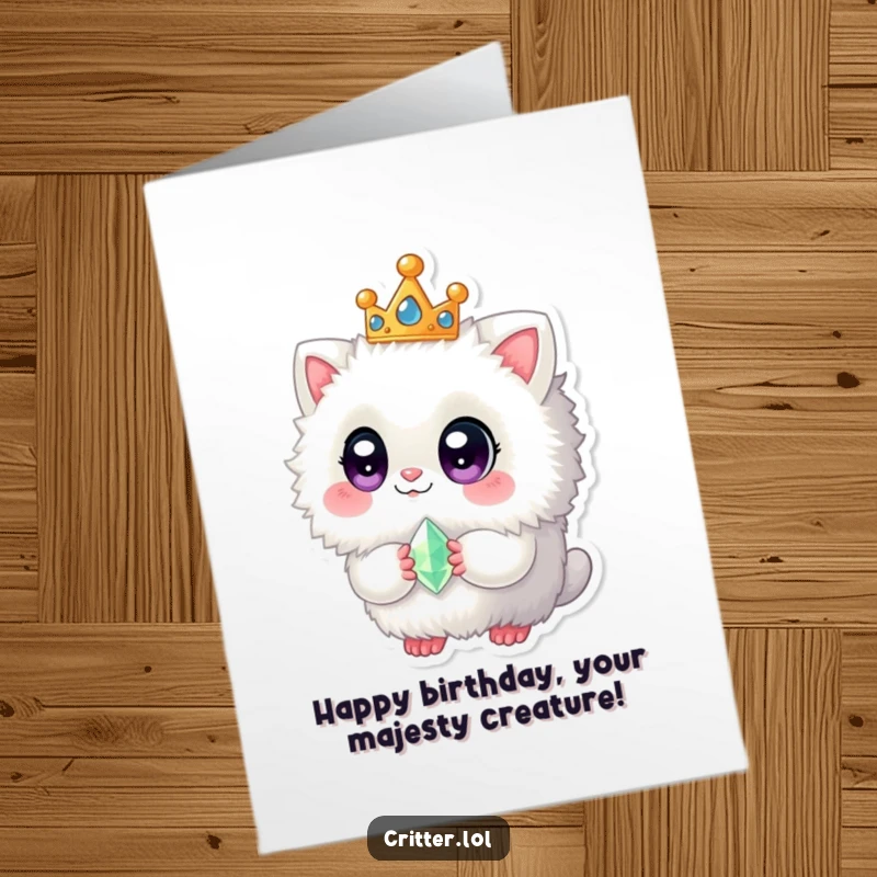 Funny Free Printable Birthday Card: A crowned fuzzy creature with big eyes holds a gem, wishing you a royal birthday.
