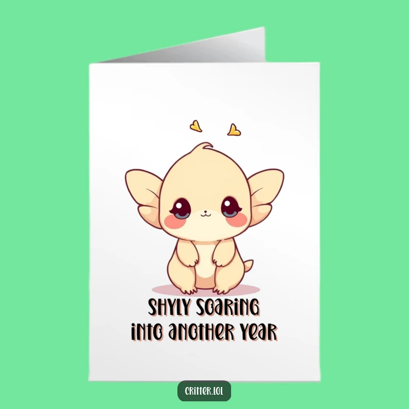 Free Printable Birthday Card: Shy Creature Fluttering Upwards - Sweet & Funny Downloadable