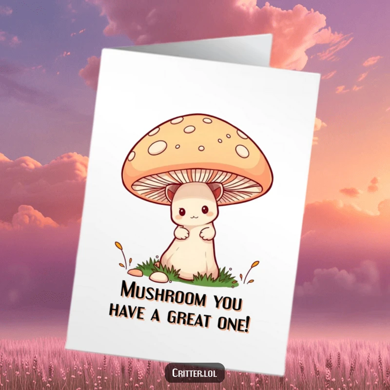 Funny Free Printable Birthday Card: Shy critter peeking from behind a giant mushroom, offering a comical hidden surprise.