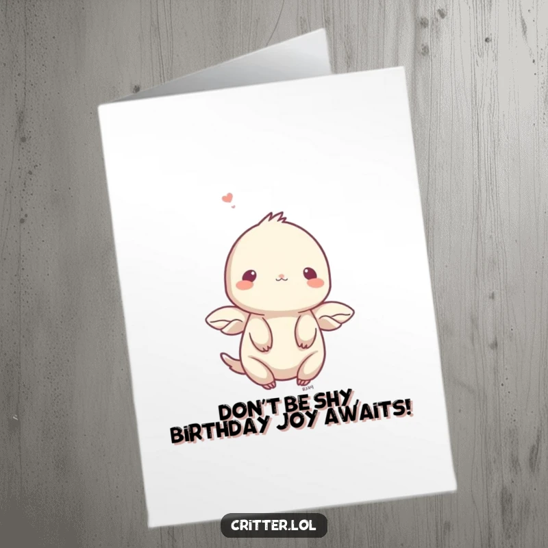 Funny Free Printable Birthday Card: Shy creature with small wings fluttering upwards, conveying gentle birthday wishes.