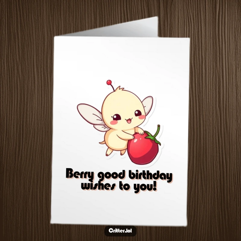Funny Free Printable Birthday Card: Whimsical winged critter joyfully flutters around a juicy berry, ready to celebrate.