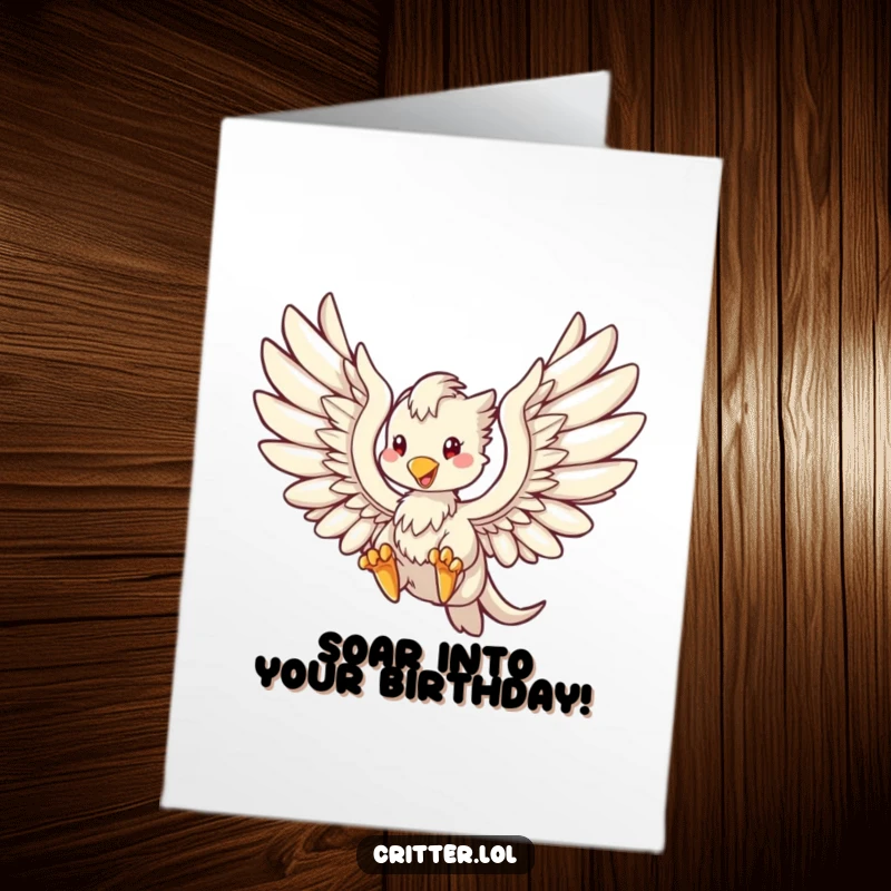 Free Printable Birthday Card: A majestic griffin with powerful wings outstretched soars through the sky, bringing birthday wishes.