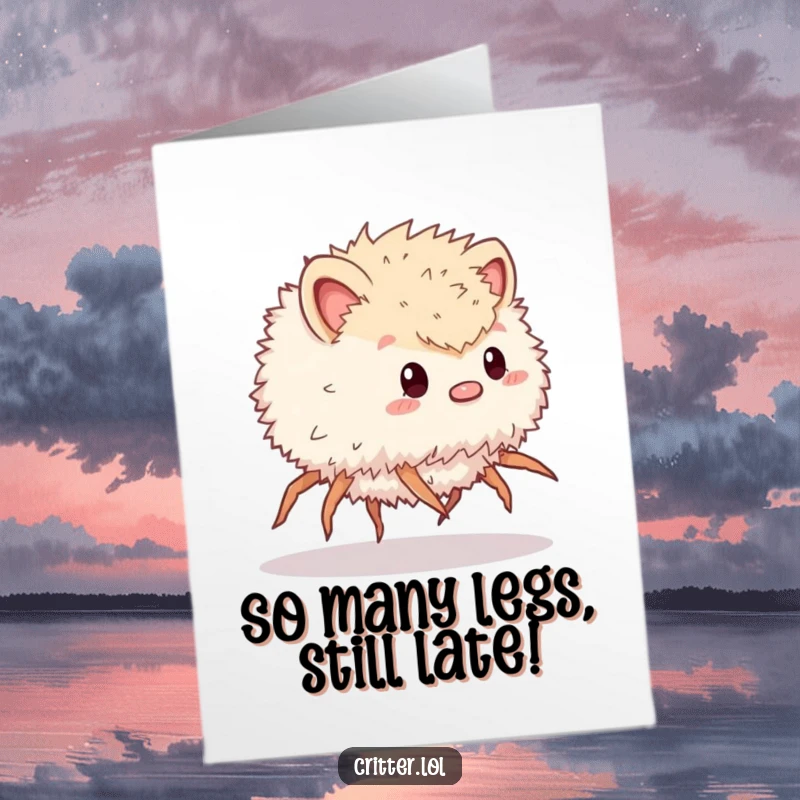 Funny free printable birthday card: Many-legged fluffy critter sprinting with excitement, ready to deliver wishes.