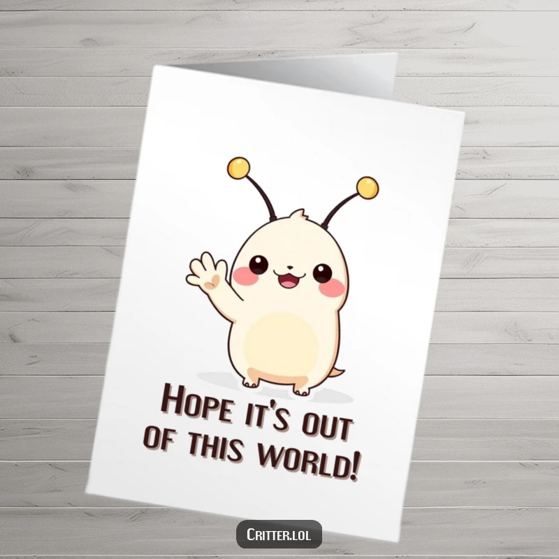 Funny Free Printable Birthday Card: A happy creature with antennae waves hello. Friendly, downloadable fun for any birthday.