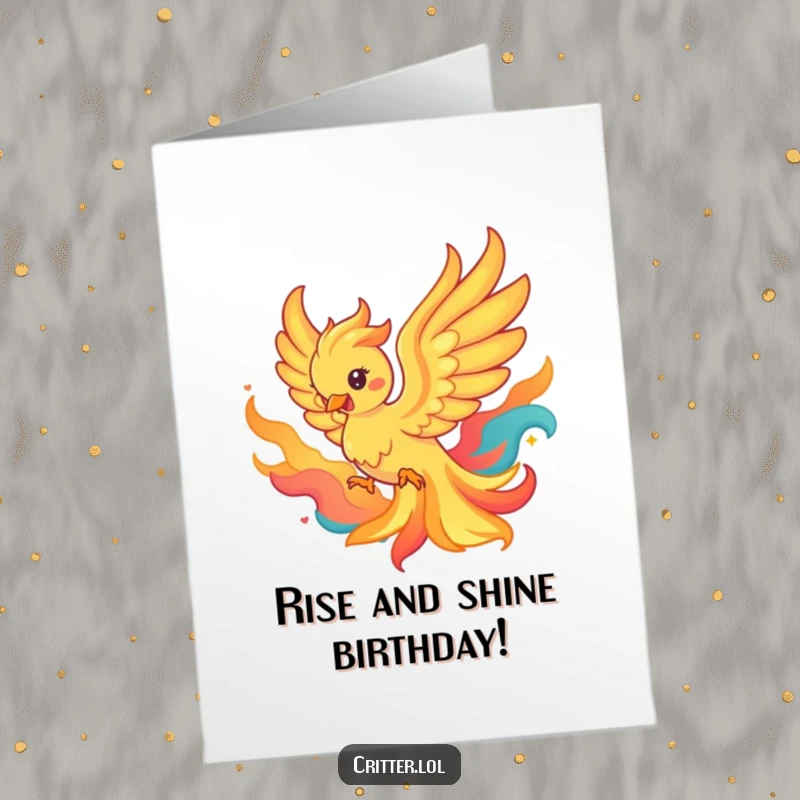 Funny Free Printable Birthday Card showing a playful phoenix with vibrant wings emerging from a swirl of colorful flames.