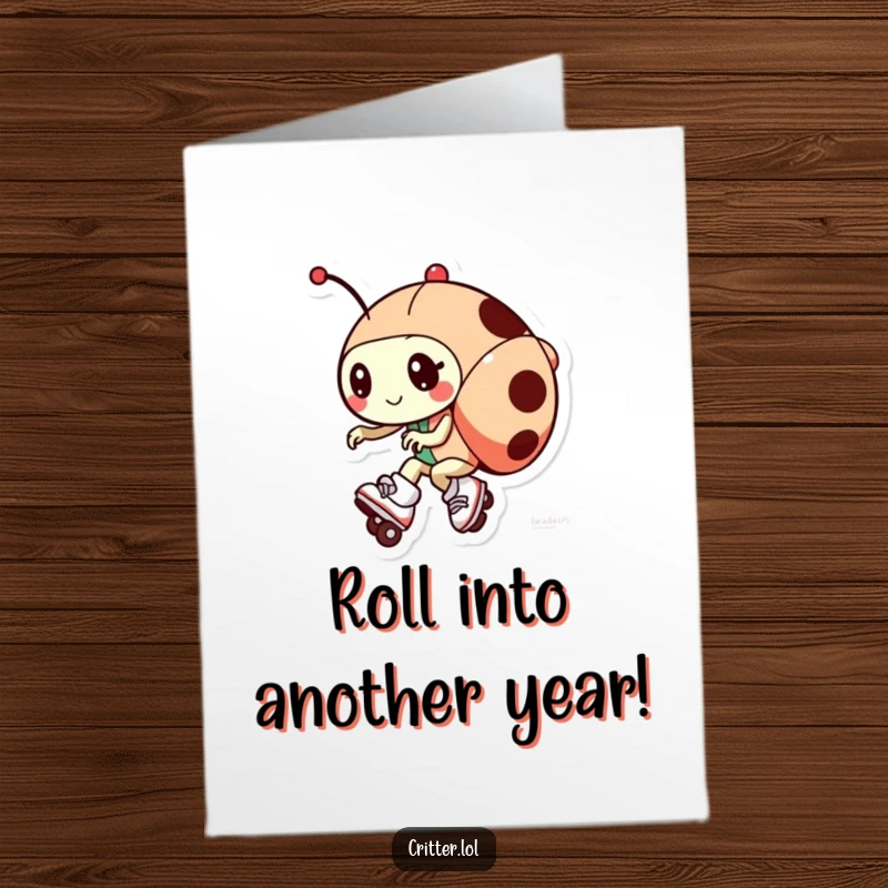 Funny Free Printable Birthday Card: Playful ladybug on roller skates zipping fast, celebrating a birthday with speed and smiles.