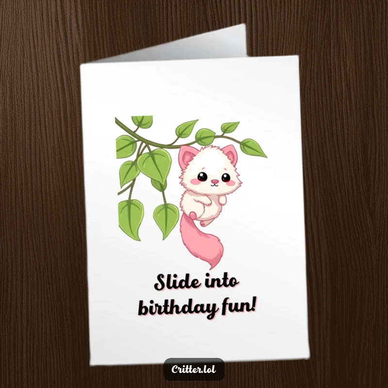 Funny Free Printable Birthday Card: Fuzzy critter with a long tail sliding gleefully down a leafy vine, celebrating their special day.