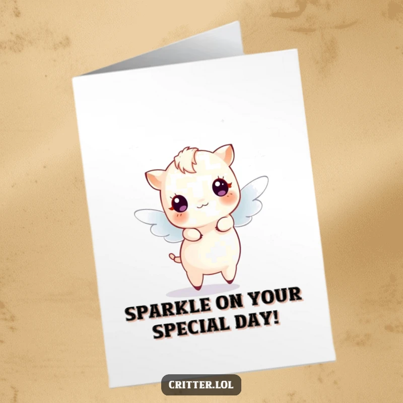 Funny Free Printable Birthday Card featuring a tiny creature with wings, dancing joyfully amidst radiating sparkles.