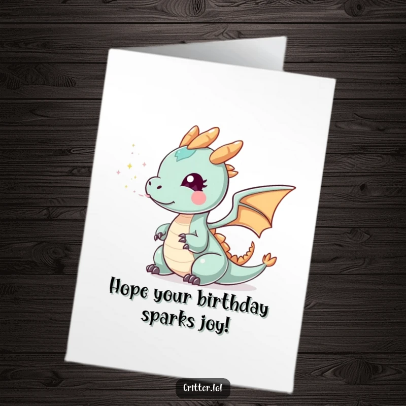 Funny Free Printable Birthday Card: A tiny dragon exhaling a puff of sparkly smoke, creating magical birthday wishes.