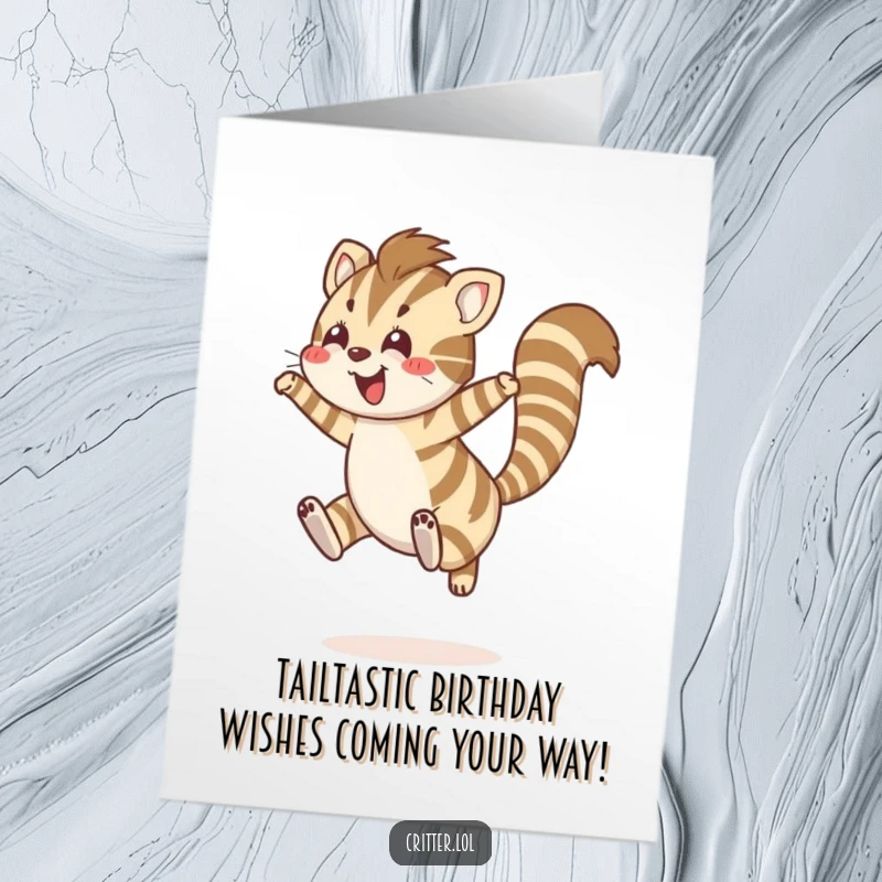 Funny Free Printable Birthday Card: Striped creature with bushy tail leaping joyfully, celebrating with festive spirit.