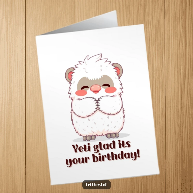 Funny Free Printable Birthday Card: Tiny yeti giving a big, warm, fuzzy hug to celebrate.