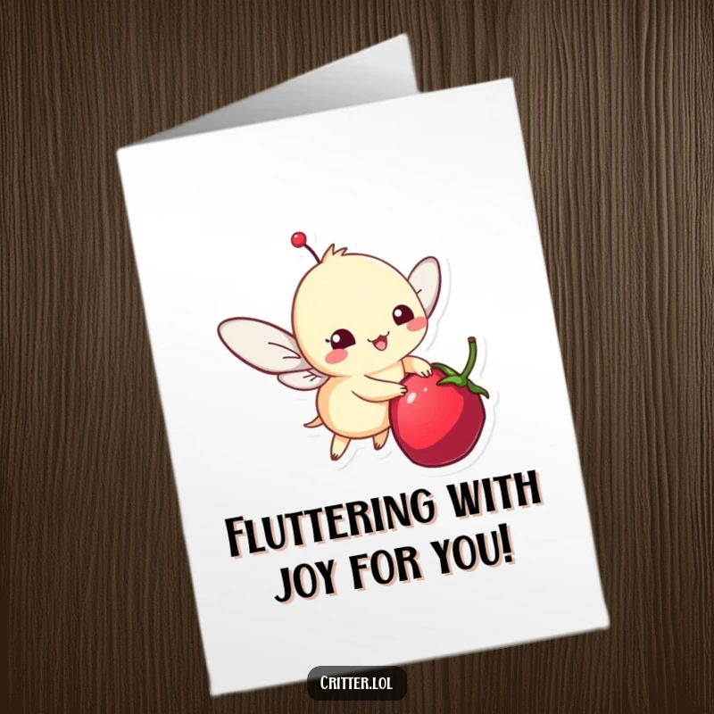 Funny Free Printable Congratulations Card: Whimsical winged critter celebrates a milestone, fluttering happily near a berry.