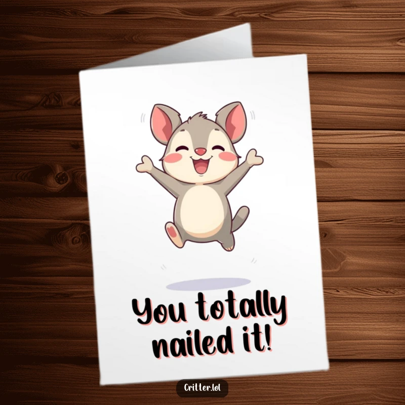 Funny Free Printable Congratulations Card: Bouncing critter performing exaggerated joyful leaps, celebrating a huge achievement, unique downloadable art.