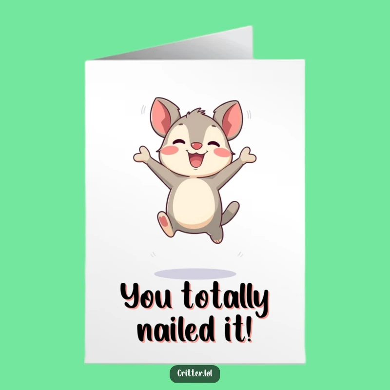 Free Printable Congrats Card: Bouncing Creature's Victory Leap, Humorous Downloadable Gift