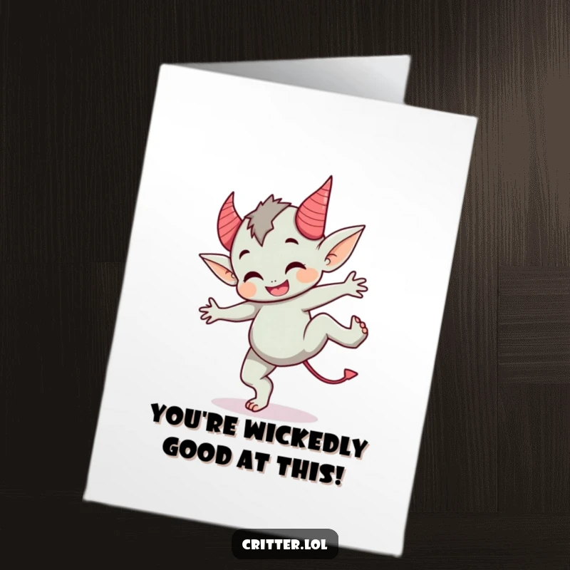 Funny Free Printable Congratulations Card showing a cute imp with devil horns doing a cartwheel to celebrate good news.