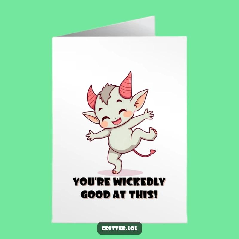 Free Printable Congrats Card: Cartwheeling Imp Devil Horns Downloadable Gift