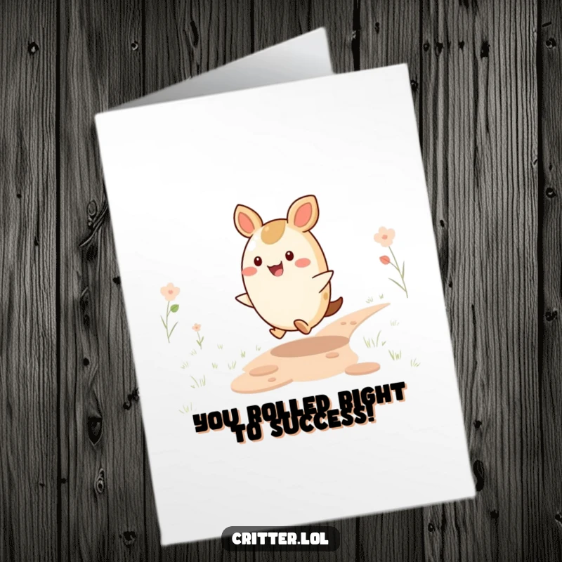 Free Printable Congratulations Card: Happy round critter skipping along a path, celebrating achievements with glee.