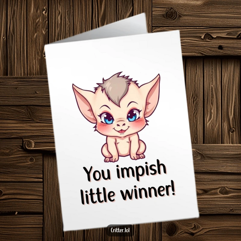 Funny Free Printable Congratulations Card: A mischievous imp with pointy ears gives a sly, congratulatory wink.