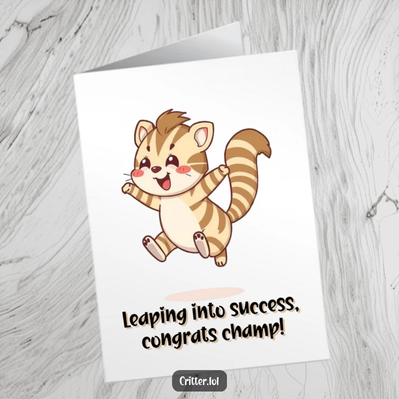 Funny Free Printable Congratulations Card: Striped creature with bushy tail leaping joyfully, celebrating an achievement.