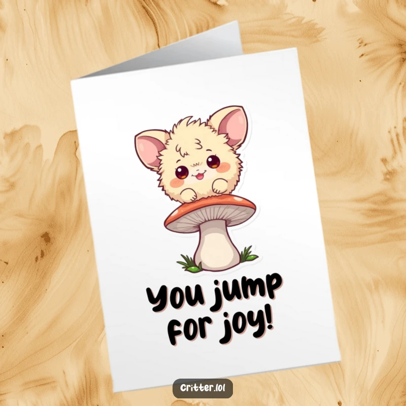 Funny Free Printable Congratulations Card: Playful fuzzball with big ears bouncing on a mushroom, celebrating success, downloadable art.
