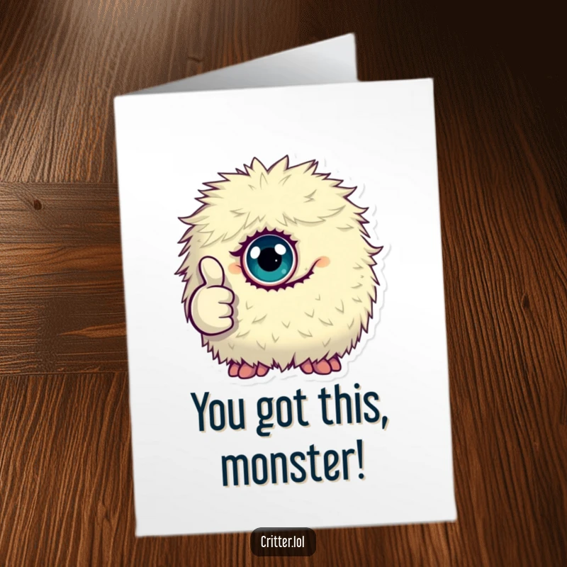 Funny Free Printable Congratulations Card: Tiny fluffy monster with one eye giving a thumbs up, celebrating success, downloadable art.