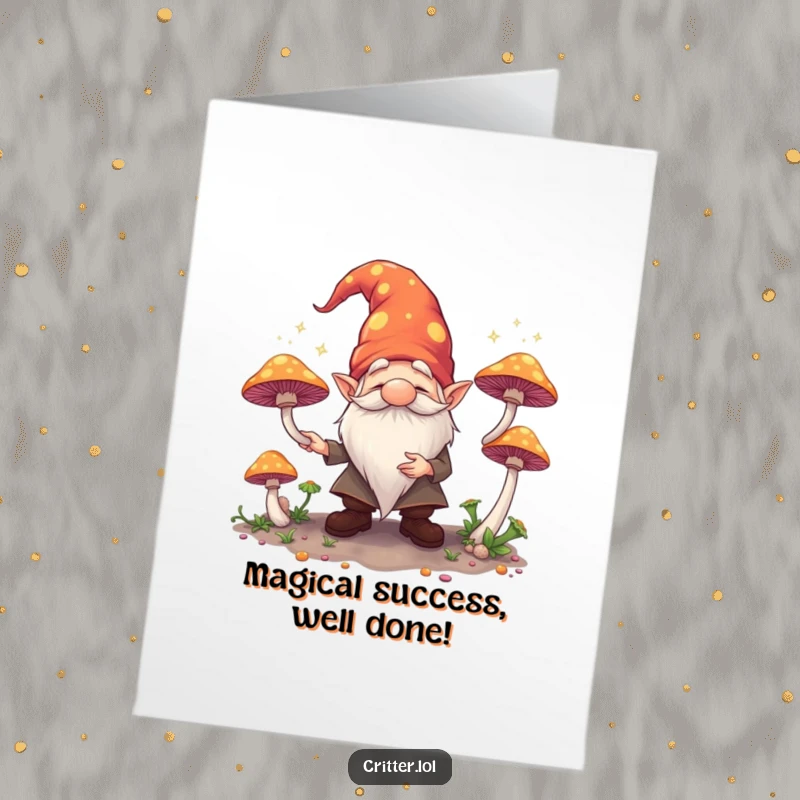 Free Printable Congratulations Card: A cheerful gnome expertly juggles luminous mushrooms, celebrating a fantastic and magical achievement.