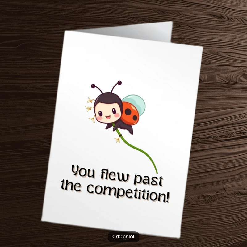 Funny Free Printable Ladybug Card: Tiny ladybug gleefully rides a flying dandelion seed, congratulating someone on a new adventure.