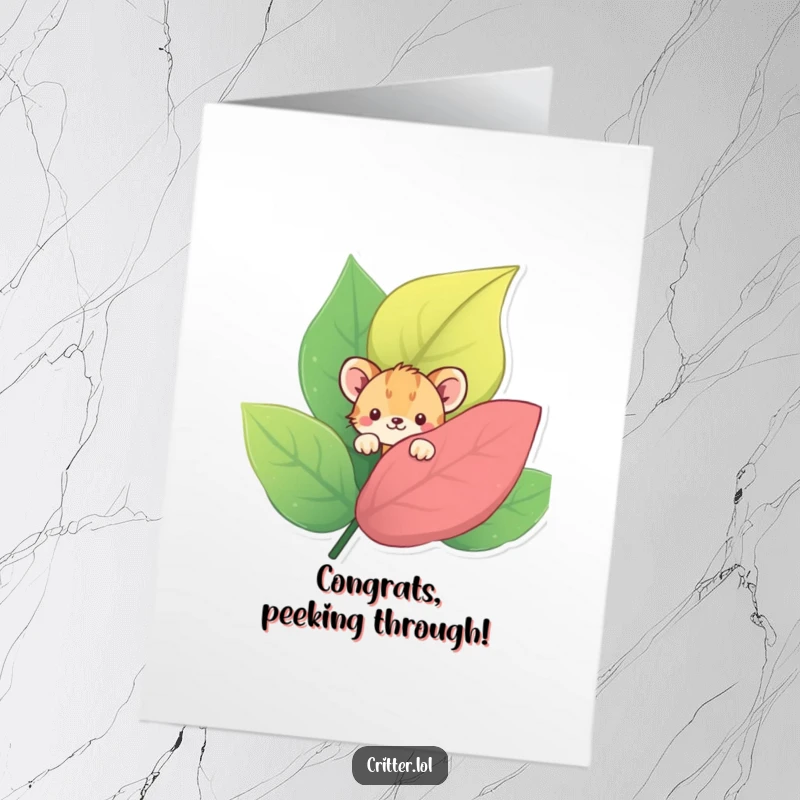 Funny Free Printable Congratulations Card: Shy critter peeking from a colorful leaf, celebrating a quiet victory.