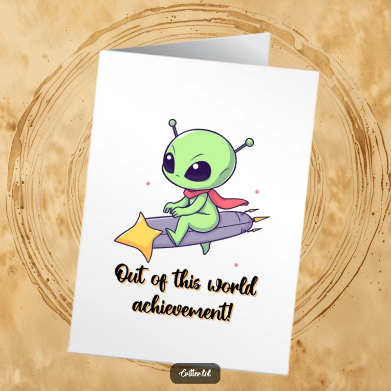 Funny Free Printable Congratulations Card: Adorable alien zips across the cosmos on a shooting star, celebrating a fantastic accomplishment.