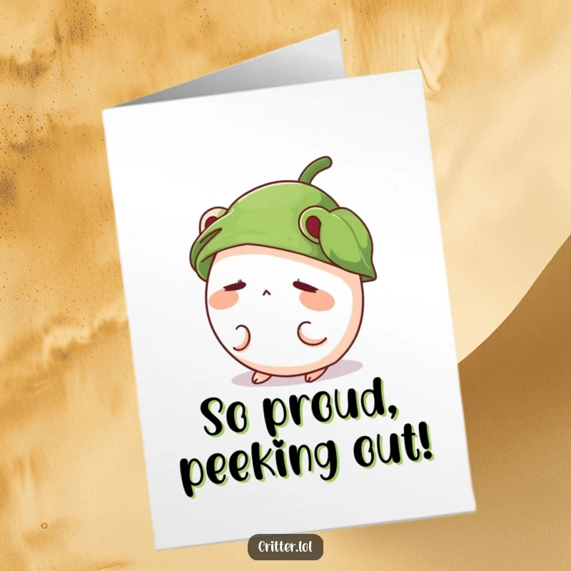 Funny Free Printable Congratulations Card: Shy, round critter wearing a leaf hat, peeking out, celebrating achievement.