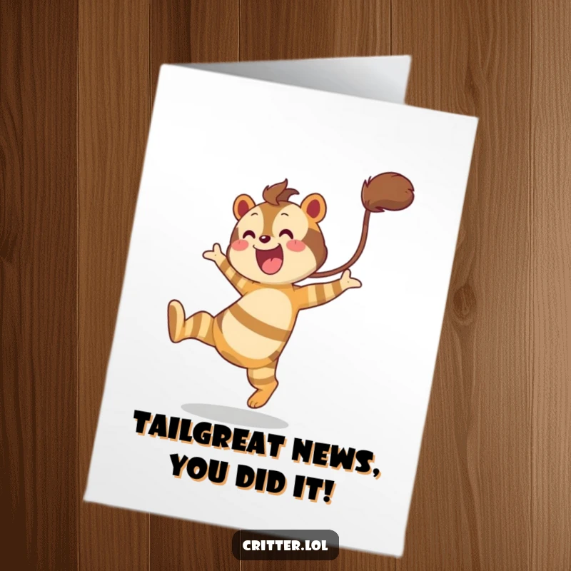 Funny Free Printable Congratulations Card: Striped creature with bushy tail leaping exuberantly, celebrating a fantastic achievement with glee.