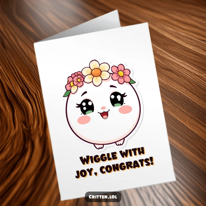 Funny Free Printable Congratulations Card: Round critter with flower crown and curious eyes wiggling happily, DIY.
