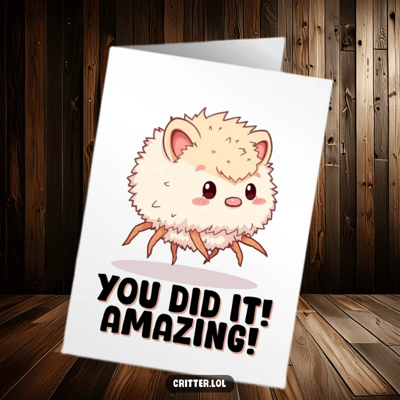 Funny free printable congratulations card: Fluffy critter with numerous legs zooming by, symbolizing fast success.