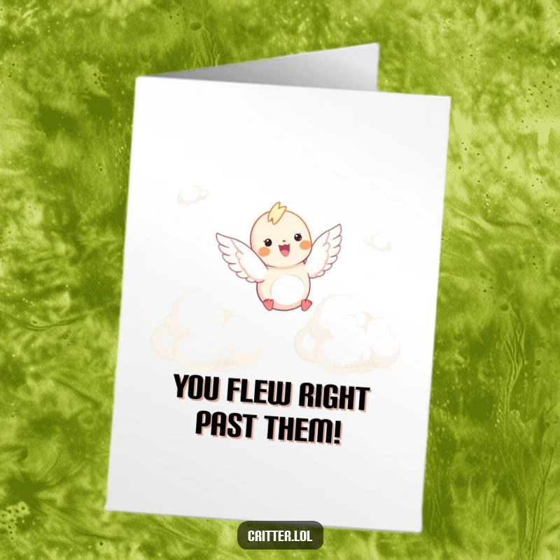 Funny Free Printable Congrats Card: Winged critter joyfully flying through clouds, celebration of success, print at home