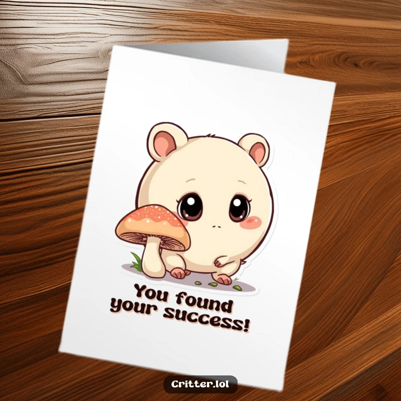 Funny Free Printable Congratulations Card: A round, big-eyed critter curiously sniffing a mushroom, celebrating big news.