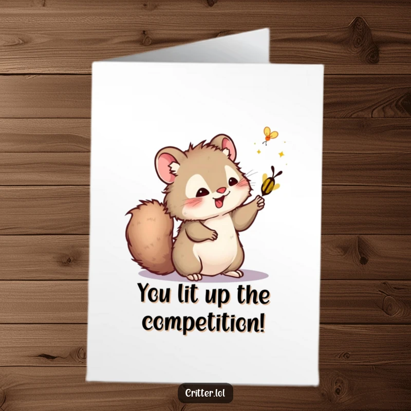 Funny Free Printable Congratulations Card: A bushy-tailed critter playfully swatting a firefly, celebrating winning.
