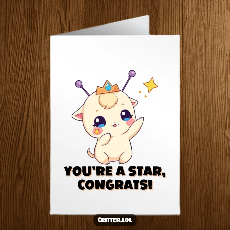 Funny Free Printable Congratulations Card: Antennae creature in tiara celebrating, DIY downloadable.