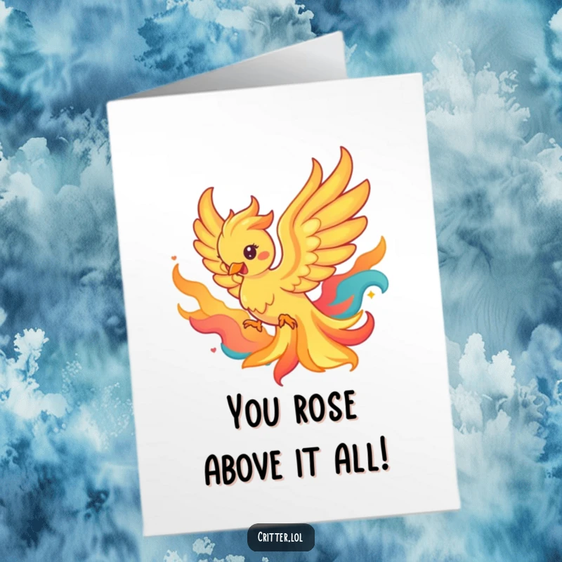 Funny Free Printable Congratulations Card with a majestic phoenix rising from colorful flames, symbolizing new achievements.
