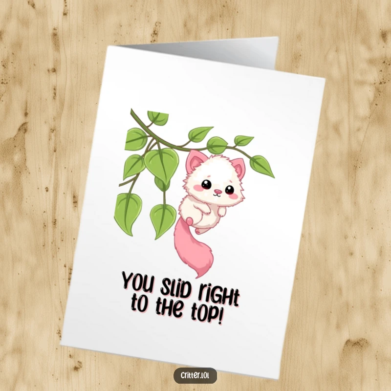 Funny Free Printable Congratulations Card: Fuzzy creature with a long tail sliding smoothly down a leafy vine, marking a triumphant moment.