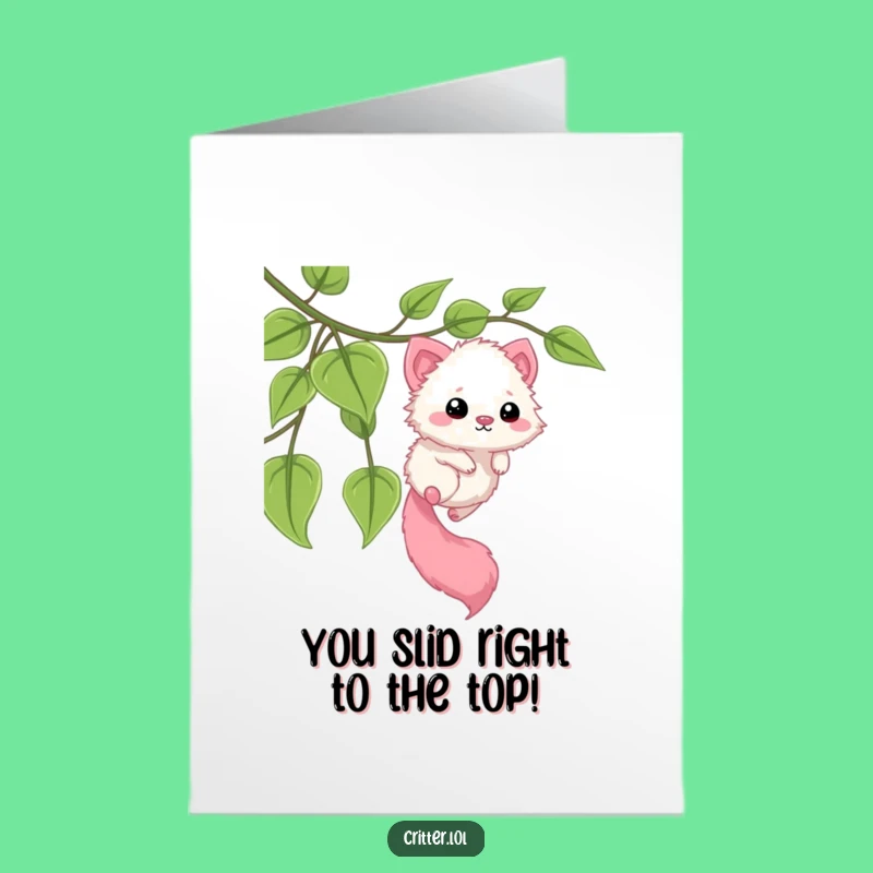 Free Printable Congrats Card: Sliding Critter Success, Humorous Downloadable for Reaching New Heights