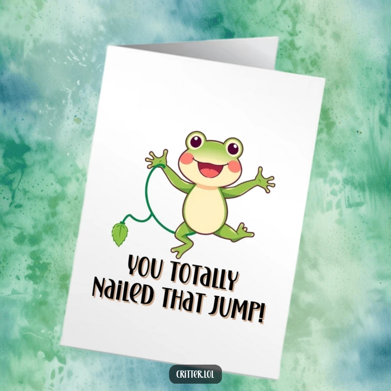 Funny Free Printable Congratulations Card: A joyful little frog leaping high while jumping rope with a vine, cheering success.